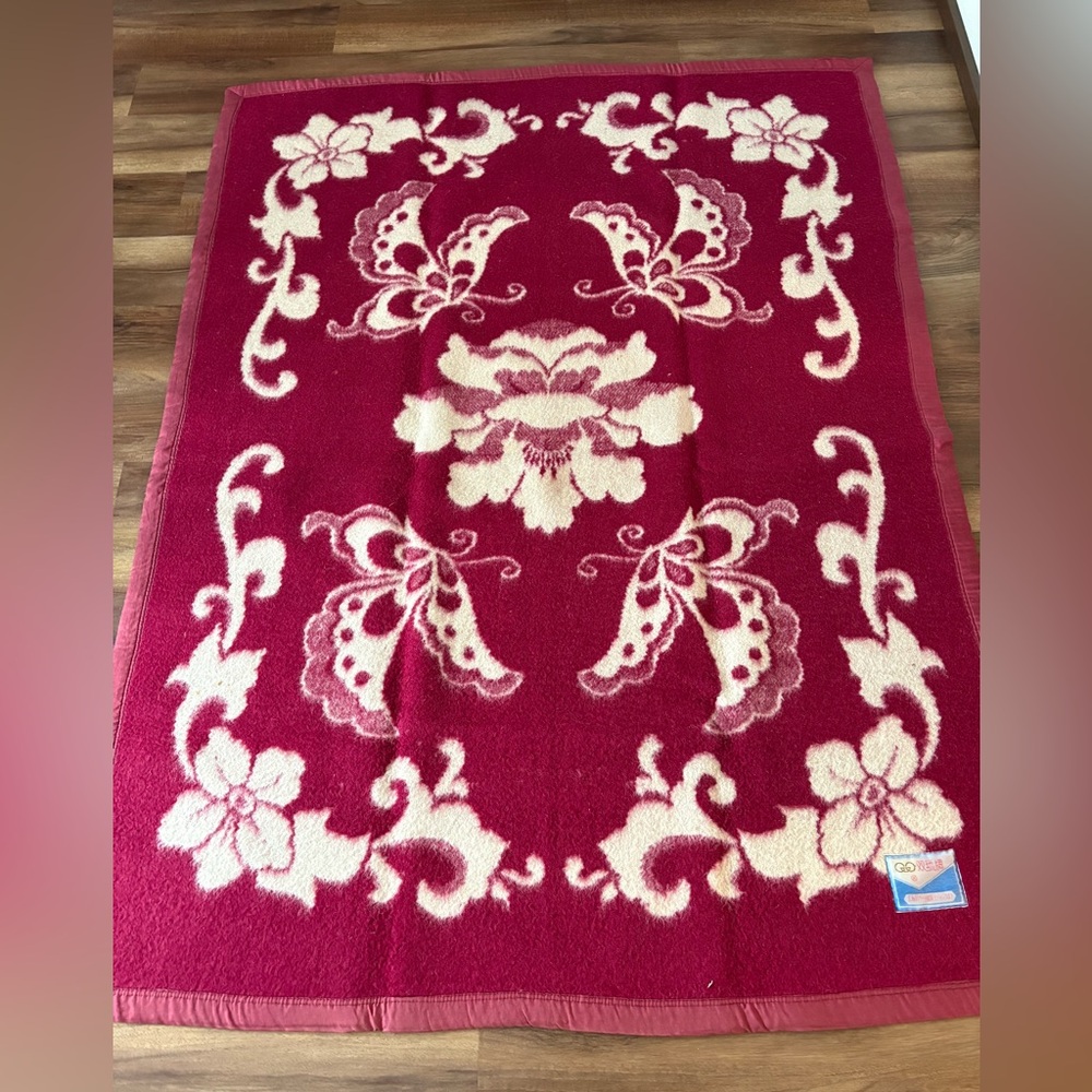 Vintage Wool Butterfly Floral Blanket